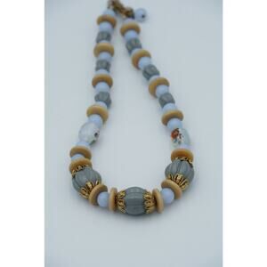 Vintage Glass Bead Necklace Blue Gray Gold Tone Spacer Beads Adjustable